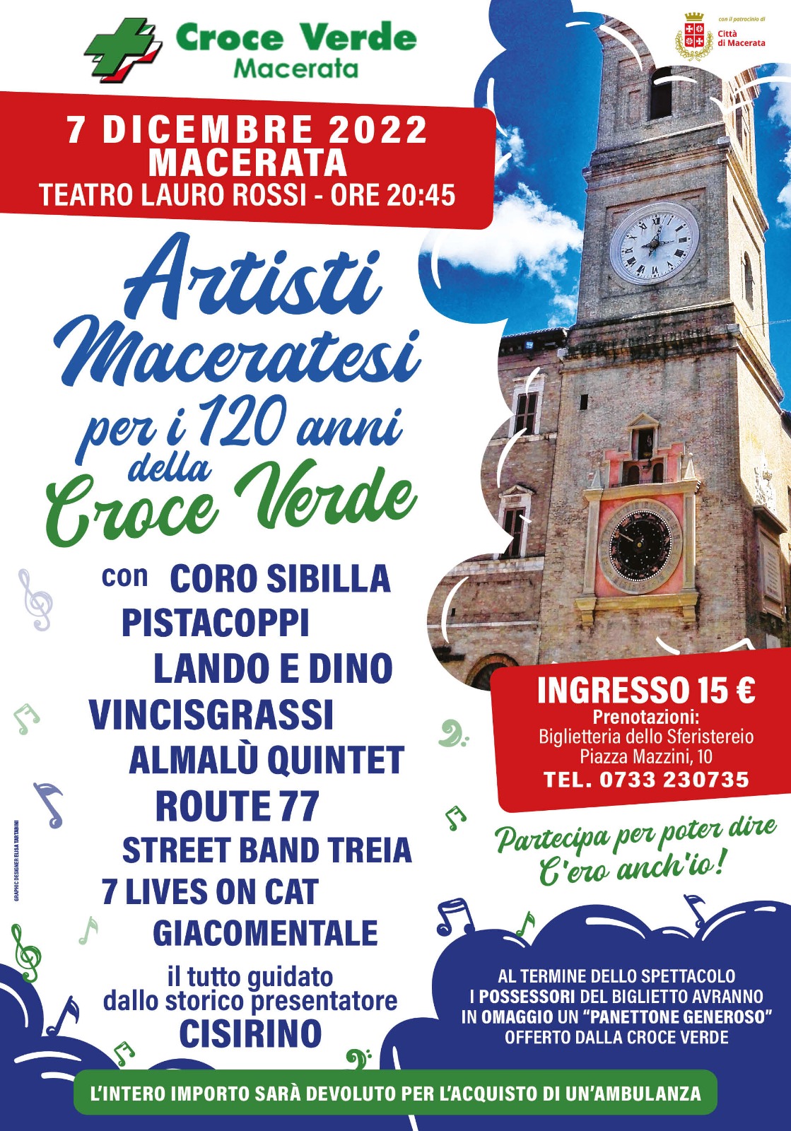 Locandina evento per i 120 anni della croce verde 7 dicembre 2022 a Macerata - Li Pistacoppi