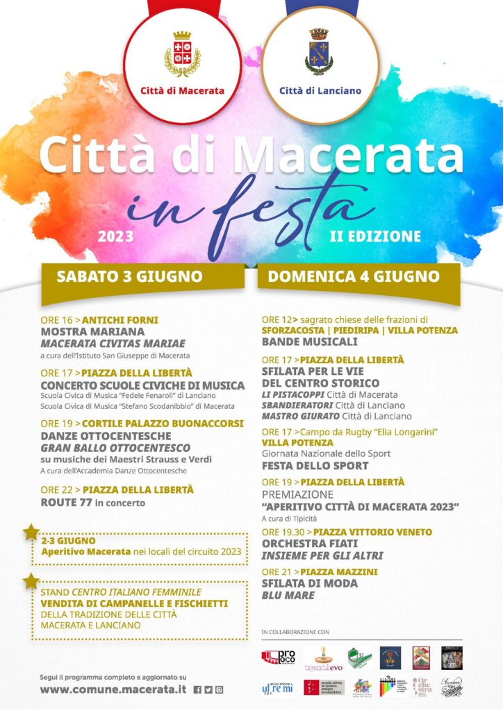 Locandina evento Macerata in festa del 3 e 4 Giugno 2023 - Li Pistacoppi